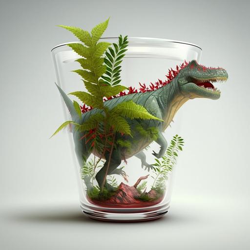 dinosaurio verde claro, sosteniendo vaso rojo, con planta dentro, que sea tierno
