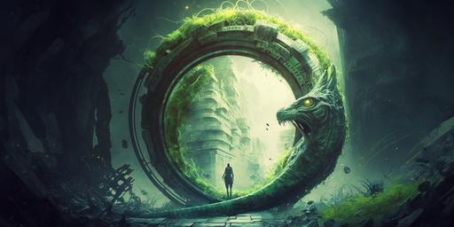 living::3 cybernetic ouroboros::2.5, several kilometres in diameter, intricate, fibrous, glowing wires, neon green, rolling over silicon tree forest::2 --ar 2:1