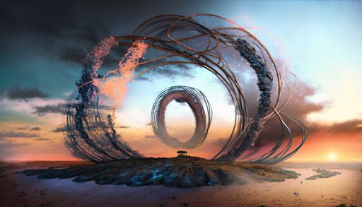 living::2 cybernetic ouroboros::1, several kilometres in diameter, intricate, fibrous, glowing wires, neon green, rolling over salt plains --ar 16:9 --no arms