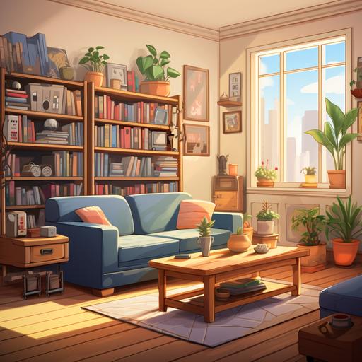 living room, cartoon illustration style