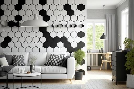 living room interior design, black and white hexagonal repeating patterned wallpaper, cluttered, hexagon accessories, interior design, modern --ar 3:2