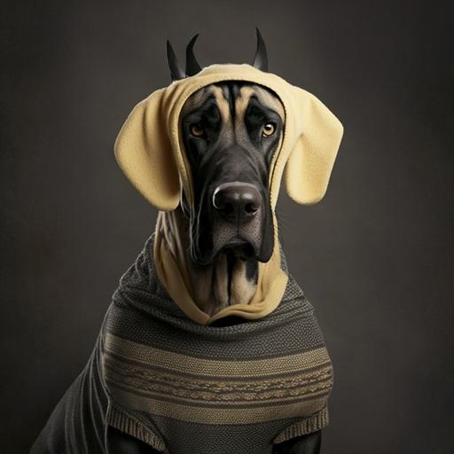 golden Great dane with black mask wearing a huge dog sweater