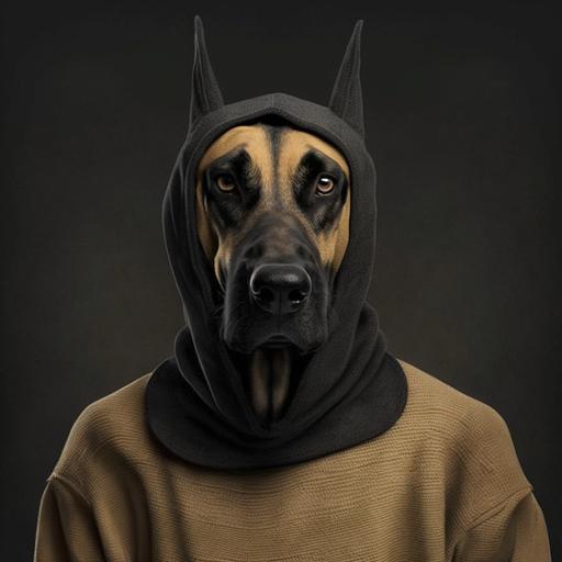golden Great dane with black mask wearing a huge dog sweater