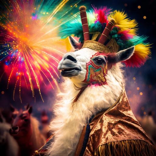 llama dancing in traditional peruvian dress in Rio samba carnival under fireworks
