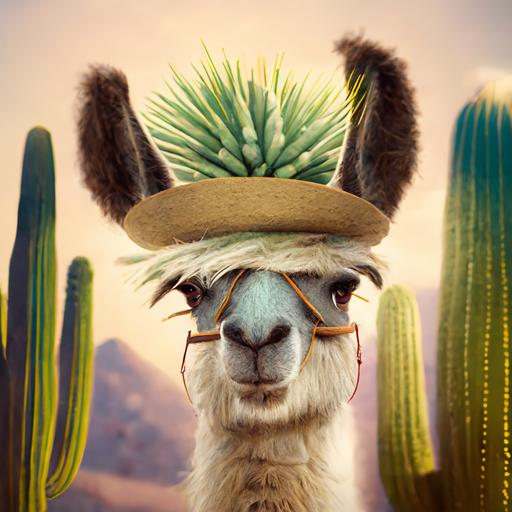 llama in the desert, funny llama hairstyle, cactus, sombrero, fhd, 8k, ultra sharp details --no text --chaos 50 --v 4 --q 2