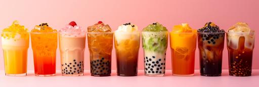 a collage of different boba tea flavors --ar 15:5 --v 6.0