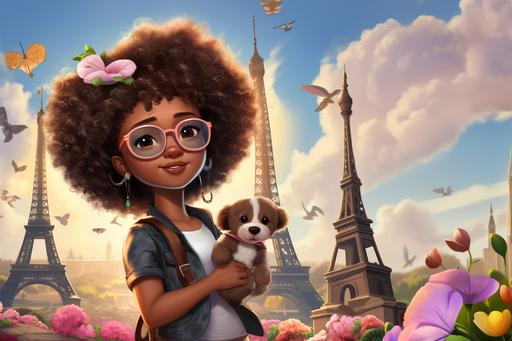 llustrate disney pixar black 10 year girl with dark skin with afro puffs playing fluffy brown Pomeranian looking dog wearing magical glasses and a backpack standing in front of the eiffle tower on a sunny day with butterflies