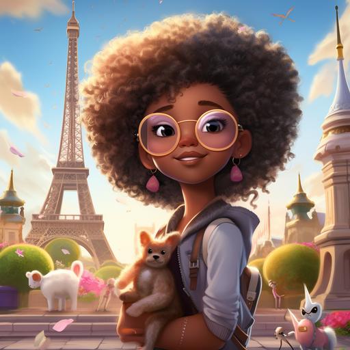 llustrate disney pixar black 10 year girl with dark skin with afro puffs playing fluffy brown Pomeranian looking dog wearing magical glasses and a backpack standing in front of the eiffle tower on a sunny day with butterflies --ar 1:1