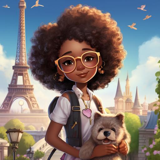 llustrate disney pixar black 10 year girl with dark skin with afro puffs playing fluffy brown Pomeranian looking dog wearing magical glasses and a backpack standing in front of the eiffle tower on a sunny day with butterflies --ar 1:1