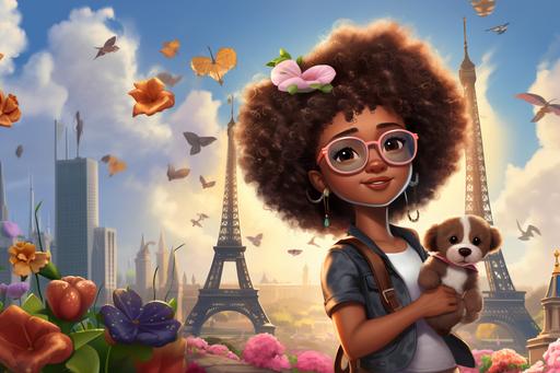 llustrate disney pixar black 10 year girl with dark skin with afro puffs playing fluffy brown Pomeranian looking dog wearing magical glasses and a backpack standing in front of the eiffle tower on a sunny day with butterflies