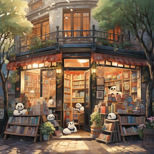 llustration Description: This illustration features a cozy bookstore as the backdrop, emphasizing the panda theme. The whole scene is filled with warmth and cultural ambiance. In the center of the artwork stands a quaint bookstore with panda patterns painted on its exterior, creating a sense of familiarity. At the entrance, there is a signboard that prominently displays the title “Embracing Panda Beauty, Amongst Bookstores,” catching the attention of passersby. The entrance sees a continuous flow of people, attracting many visitors. We can see a young girl, beaming with joy, embracing a book in her arms. Her smiling face reveals her love for the atmosphere. Engaging with her is an adorable panda seated on an armchair, seemingly enjoying the tranquility of the bookstore. The bookshelves inside the store display various genres of books, ranging from classic literature to scientific and artistic works, catering to a wide range of interests. The air is filled with the scent of books, and decorative bookshelves adorn the walls, showcasing panda sculptures and artwork. At people’s side, a panda leisurely lies on a bookshelf, as if appreciating its domain. To add a touch of whimsy, cute panda balloons hover along the ceiling in the corner of the illustration, infusing the space with a sense of playfulness and festivity. The illustration employs soft tones and intricate linework to create a warm and engaging atmosphere. This illustration perfectly captures the essence of your vision, attracting readers to come and capture moments. It will also leave a lasting impression on people’s minds. I hope you like this design concept! If you need any adjustments or modifications, please let me know.