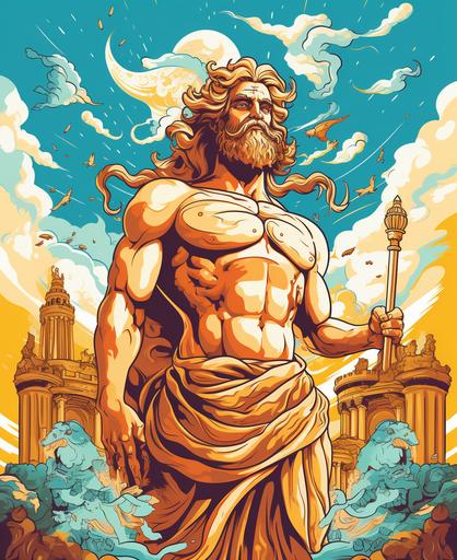 llustration, greek god zeus with a temple and greek city background with greek creatures, medusa, cartoon style, thick lines, low detail, vivd color --ar 9:11