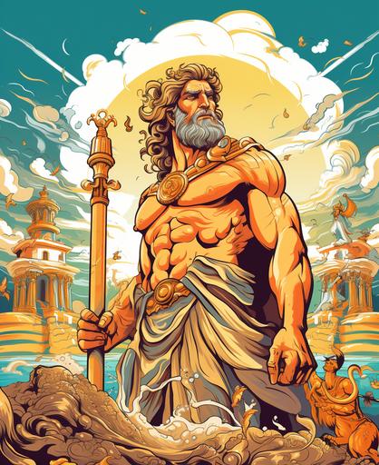 llustration, greek god zeus with a temple and greek city background with greek creatures, medusa, cartoon style, thick lines, low detail, vivd color --ar 9:11