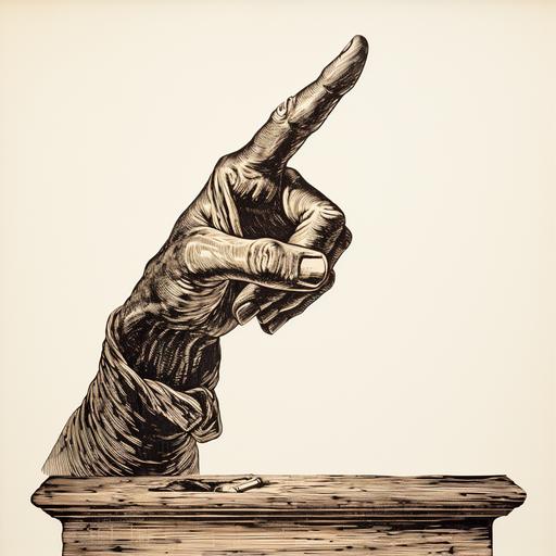 llustration of pointing finger, wood etching, woodcut engraving, black ink, white background, old-timey, whimsical, printing press, strong hand, lithograph, carnival sign