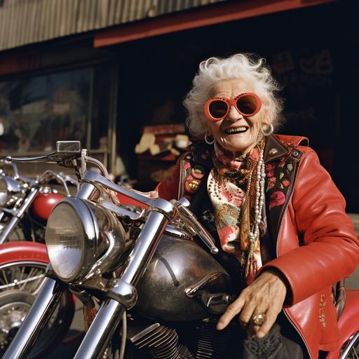 lo-fi photo from the 1970s of a very old woman wearing sunglasses standing next to her harley, she is looking to the side and laughing, in the style of edgy, deconstructed americana, bold photography, photobash, jewelry by painters and sculptors