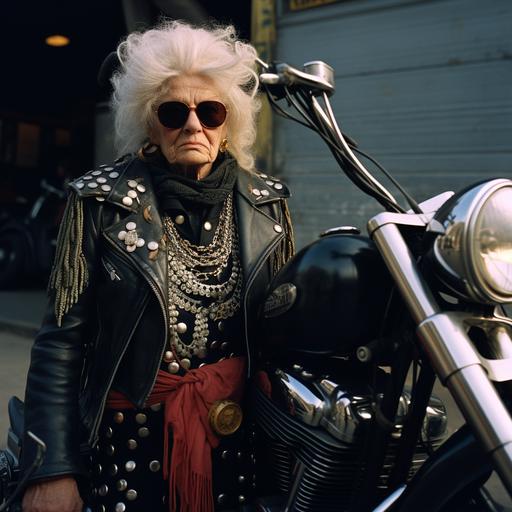 lo-fi photo from the 1970s of a very old woman wearing sunglasses standing next to her harley, in the style of edgy, deconstructed americana, bold photography, photobash, jewelry by painters and sculptors