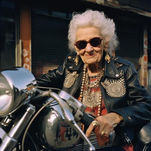 lo-fi photo from the 1970s of a very old woman wearing sunglasses standing next to her harley, she is looking to the side and laughing, in the style of edgy, deconstructed americana, bold photography, photobash, jewelry by painters and sculptors