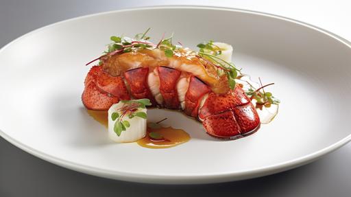 lobster meat, white plate, close up shot, beautiful plating, realistic, fine dining --v 5.1 --ar 16:9