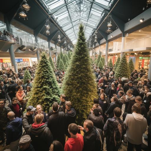 a overly crowded Christmas shopping mall. There are huge cannabis buds decorated as christmas trees