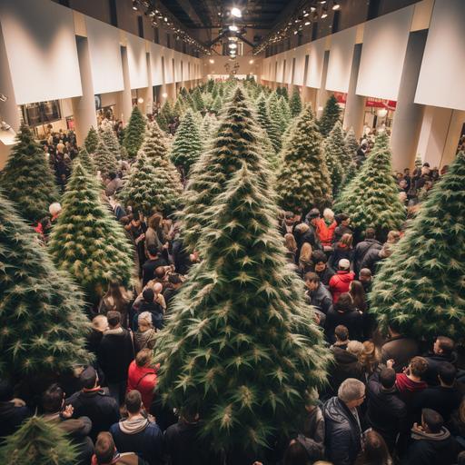 a overly crowded Christmas shopping mall. There are huge cannabis buds decorated as christmas trees