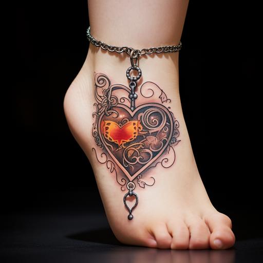 locked heart and butterfly tattoo with filagree design going around the ankle