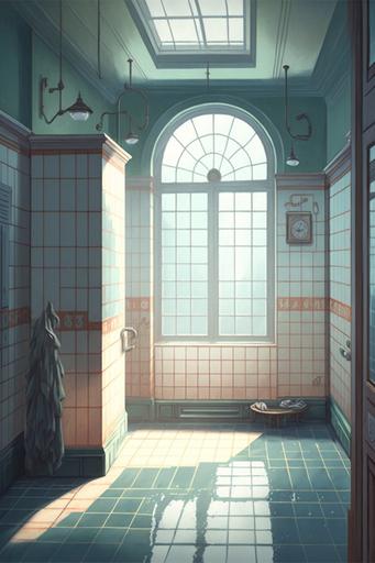 locker room shower stalls, tiled, rusty fixtures, missing tiles, neglected, dirty :: natural light from frosted windows :: painted anime background by satoshi kon and disney --ar 2:3 --v 4