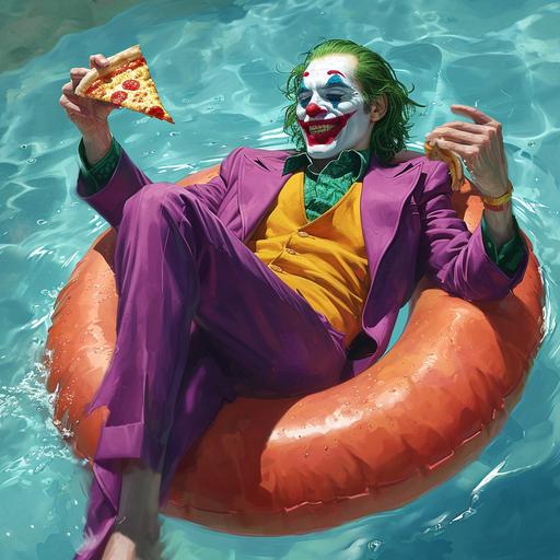 The Joker floating on a giant flamingo pool float in a pool, eating a slice of pizza. He is wearing his signature purple suit and green hair, and he is smiling mischievously. --v 6.0