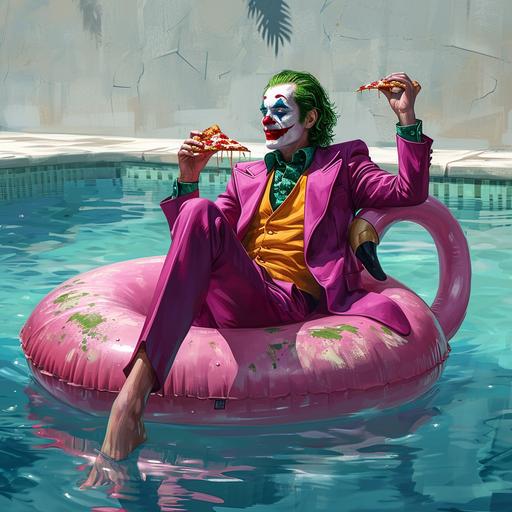 The Joker floating on a giant flamingo pool float in a pool, eating a slice of pizza. He is wearing his signature purple suit and green hair, and he is smiling mischievously. --v 6.0