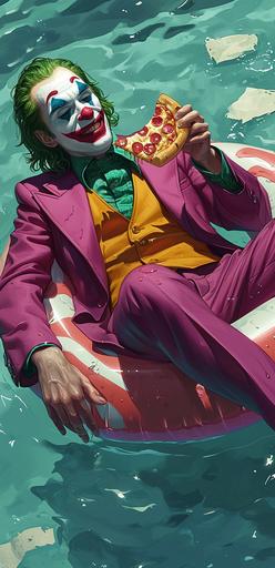 The Joker floating on a giant flamingo pool float in a pool, eating a slice of pizza. He is wearing his signature purple suit and green hair, and he is smiling mischievously, in the style of vibrant comics, asian-inspired, light maroon and teal, japanese prints, intense close-ups, twisted characters, trillwave --ar 31:64 --v 6.0