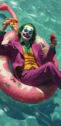 The Joker floating on a giant flamingo pool float in a pool, eating a slice of pizza. He is wearing his signature purple suit and green hair, and he is smiling mischievously, in the style of vibrant comics, asian-inspired, light maroon and teal, japanese prints, intense close-ups, twisted characters, trillwave --ar 31:64 --v 6.0