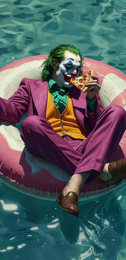 The Joker floating on a giant flamingo pool float in a pool, eating a slice of pizza. He is wearing his signature purple suit and green hair, and he is smiling mischievously, in the style of vibrant comics, asian-inspired, light maroon and teal, japanese prints, intense close-ups, twisted characters, trillwave --ar 31:64 --v 6.0