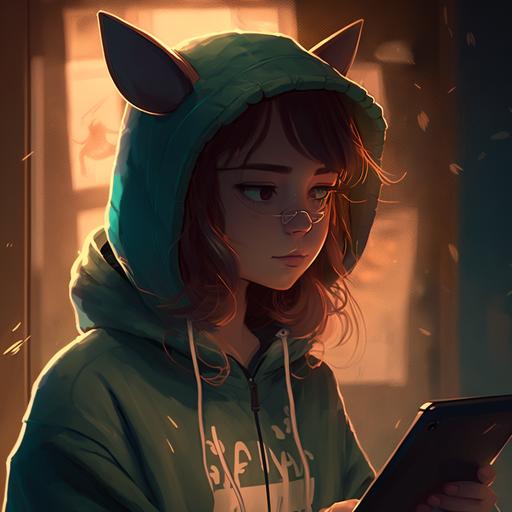 lofi girl animation pretty girl in hoody with cat ears 8 k staring into tablet profile view