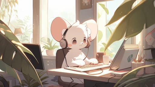 lofi hip hop beats to study to, cute albino lemur wearing headphones and sitting at a desk listening to music, soft pastel room, calming atmosphere, serene window --ar 16:9 --niji 5