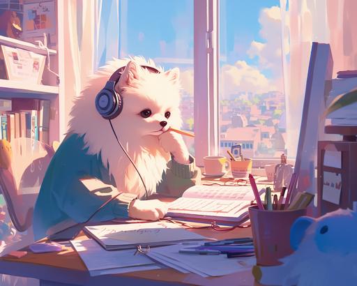 lofi hip hop beats to study to, cute white chihuahua Pomeranian mix wearing headphones and sitting at a desk, soft pastel cluttered room, calming atmosphere, serene window --ar 5:4 --niji 6
