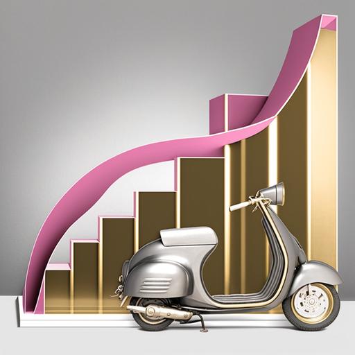 logistic curve with a golden line that flattens at the top, x-axis, and y-axis are in silver. The background is semitransparent grey, showing a pink Vespa in the background