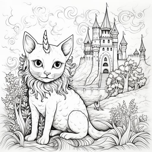 A Coloring book page with a fascinating cat-unicorn, playful cat-unicorns, and cute babies playing with them. The illustration should spark curiosity and laugh.