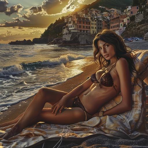 A hyper-realistic portrayal of beatiful italian woman lying on a sunbed on a italian beach wearing a bikini, hyper-realistic italian beach sunset with cinque terre and clean and beautiful italian beach in the background, luxury and elegance, black and gold colors dominating--ar 4:1 --v 6.0