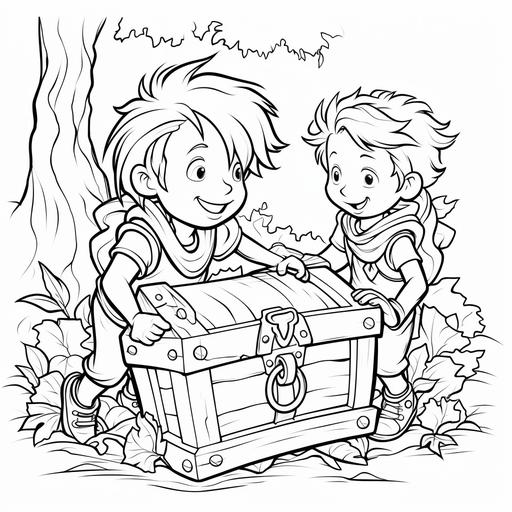 Black and white coloring book page with children opening old classic chest with treasure in a forest. The lines should be clean and perfect for young colorists. The illustration should spark laughter and creativity.