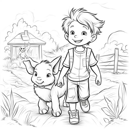 Black and white coloring book page with children on a farm and interacting with animals like cows, pigs, and chickens. The lines should be clean and perfect for young colorists. The illustration should spark laughter and creativity