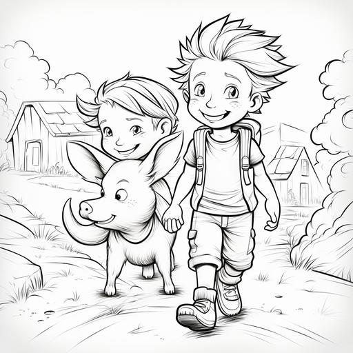 Black and white coloring book page with children on a farm and interacting with animals like cows, pigs, and chickens. The lines should be clean and perfect for young colorists. The illustration should spark laughter and creativity