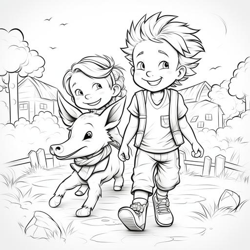 Black and white coloring book page with children on a farm and interacting with animals like cows, pigs, and chickens. The lines should be clean and perfect for young colorists. The illustration should spark laughter and creativity