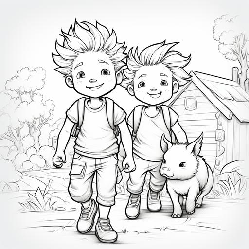 Black and white coloring book page with children on a farm and interacting with animals like cows, pigs, and chickens. The lines should be clean and perfect for young colorists. The illustration should spark laughter and creativity