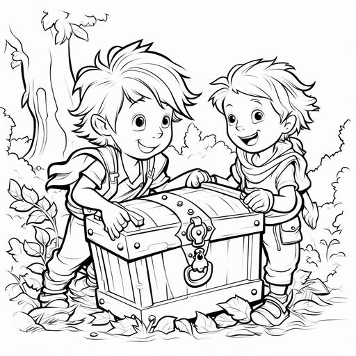 Black and white coloring book page with children opening old classic chest with treasure in a forest. The lines should be clean and perfect for young colorists. The illustration should spark laughter and creativity.