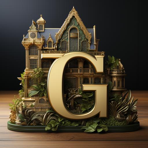 logo G.D.Arch. 3d letters with background wood the font Gold and Green with house --s 750