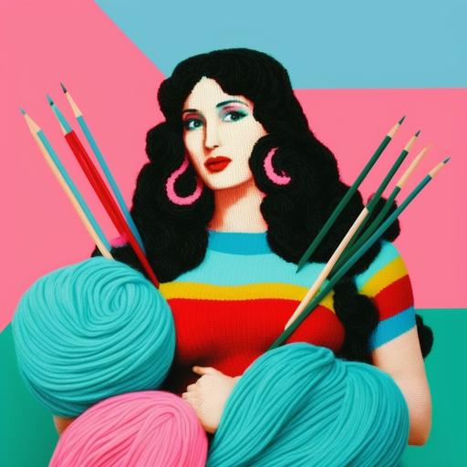 logo, a colorful pastel background, a girl with black long hair holding knitting needles, there are a lot of skeins of yarn, Versace style, 80s