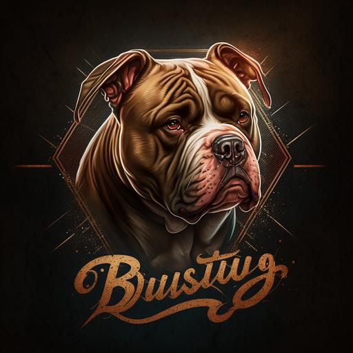 logo, american bully dog, cursive font, aggressive feeling, very strong dog