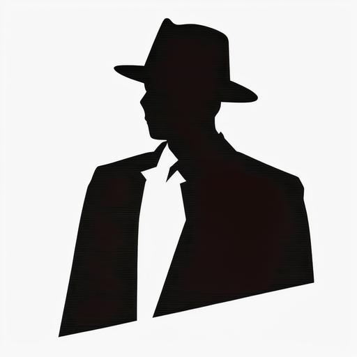 logo, anonymous man in black hat and black suit with white as a secondary color, minimalistic, solid colors,