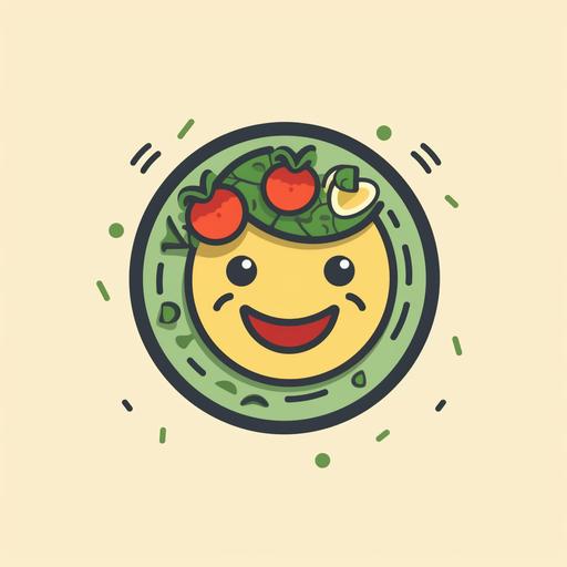 logo, birds eye view of a simple, minimal detail, cartoon salad in a bowl with the symbolism of a smiley face with 2 tomatos as eyes and avocado slice as the mouth --v 5
