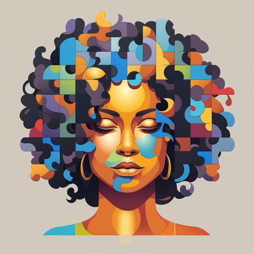 logo, cartoon portrait of a dark skin black woman in her late 20s, where puzzle pieces are cleverly integrated into her hair, clothing, and surroundings. The completed puzzle forms the word “BALANCE,” symbolizing how she integrates various aspects of her life. Use a mix of bold and pastel colors to highlight the diversity of experiences.