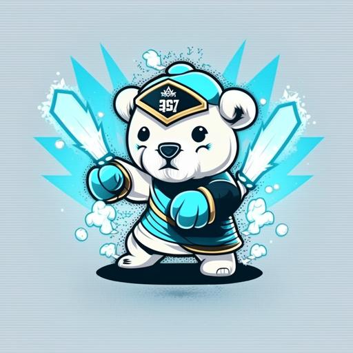 logo, cute character , polar bear muay thai costume, ice wizard penguinw wizzard hat snowflake striped , blizzard